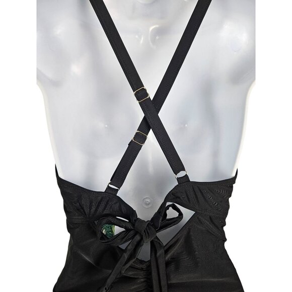 Womens Large Black Crisscross Ruched One-Piece Swimsuit Adjustable Straps Cutout - Picture 9 of 11